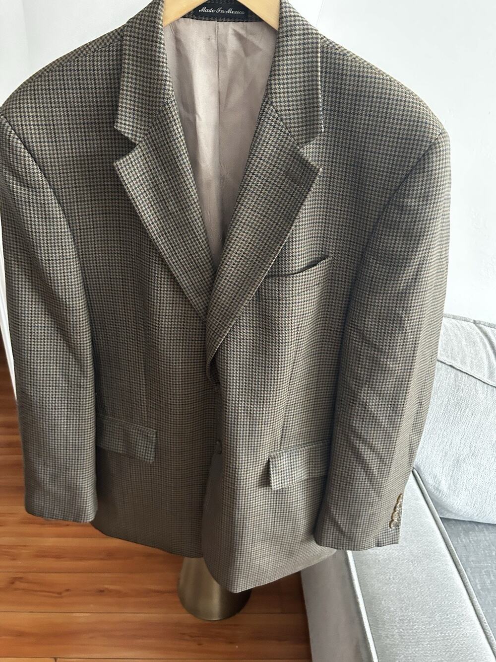 Vintage Chaps Ralph Lauren Mens Wool Blazer Jacket Houndstooth Brown 44S Preppy